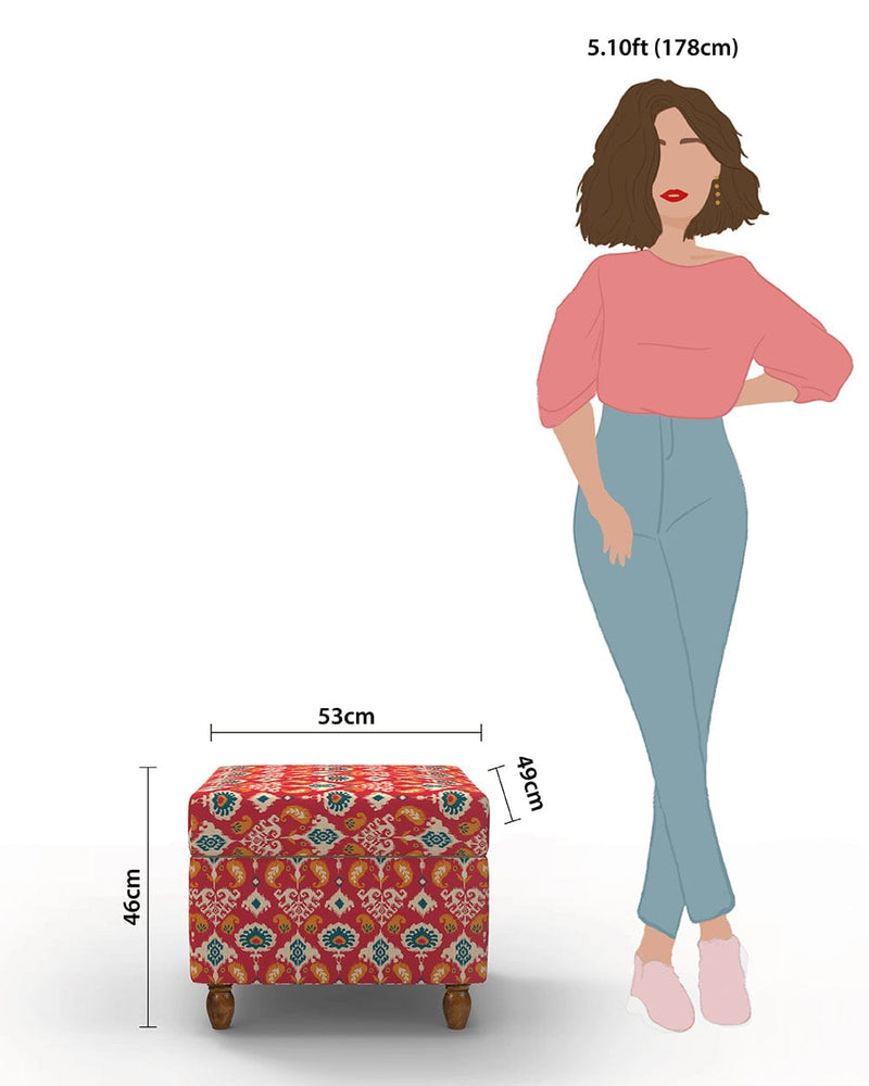Chumbak Modern Trunk Storage Ottoman - Red Ikkat