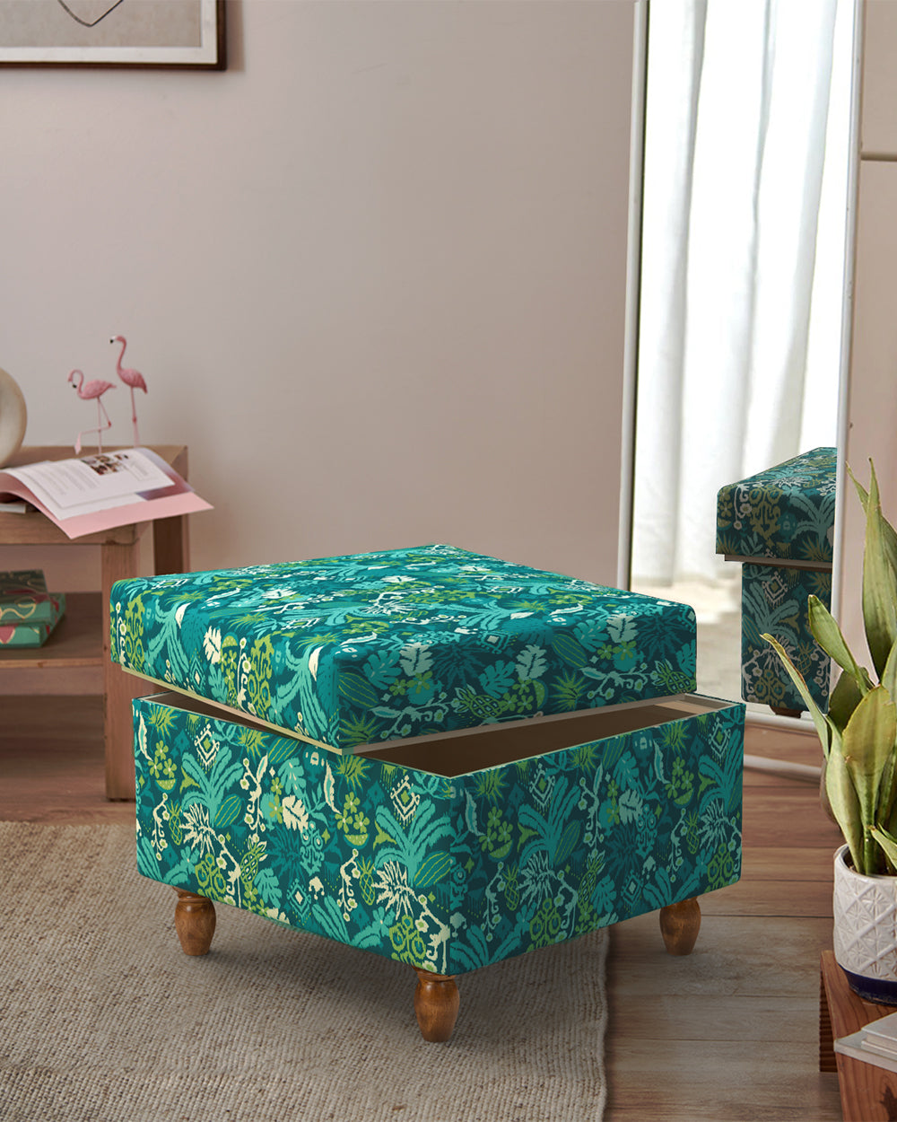 Chumbak Modern Trunk Storage Ottoman - Tropical Ikkat Green