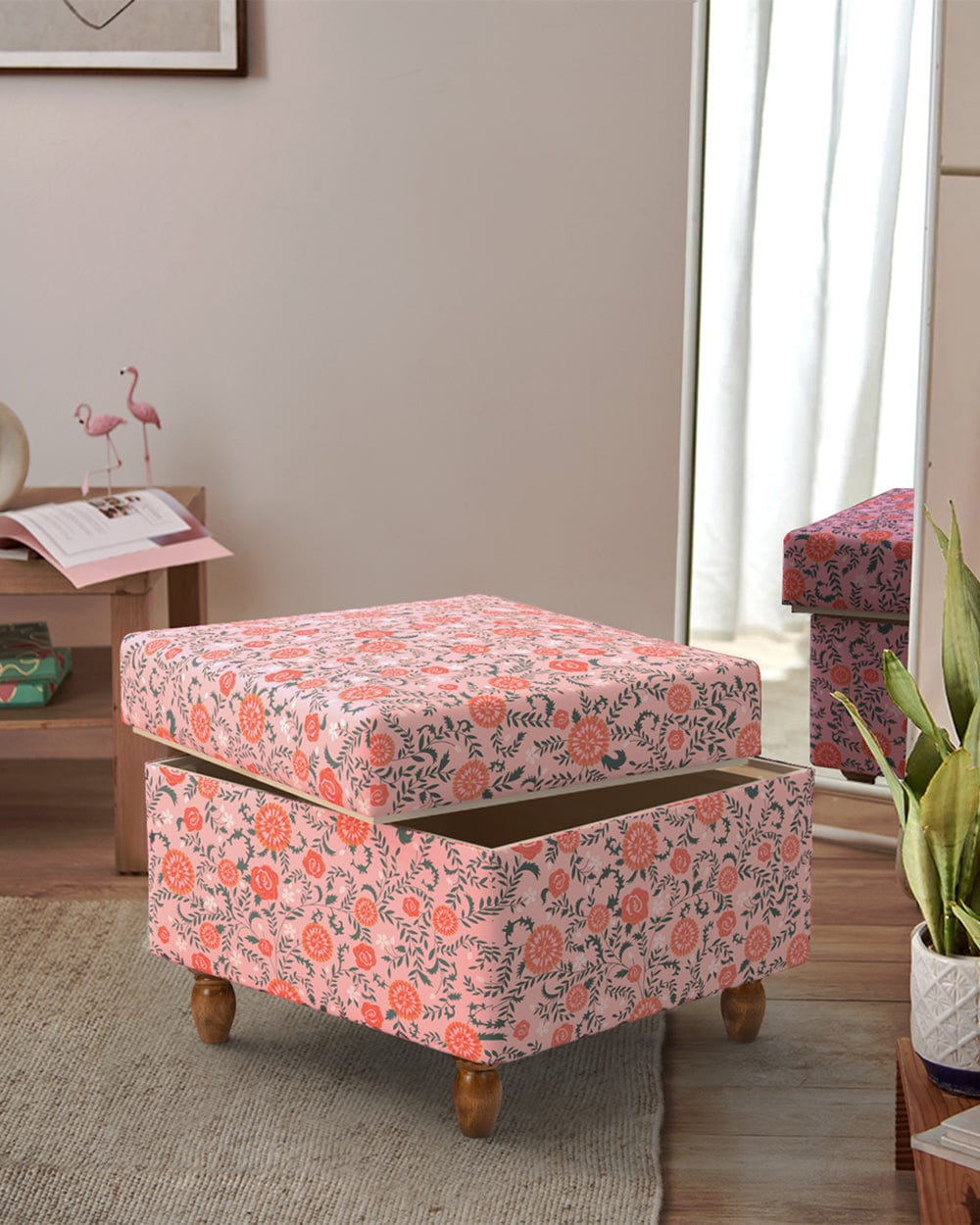 Chumbak Modern Trunk Storage Ottoman - Earthy Florals Peach