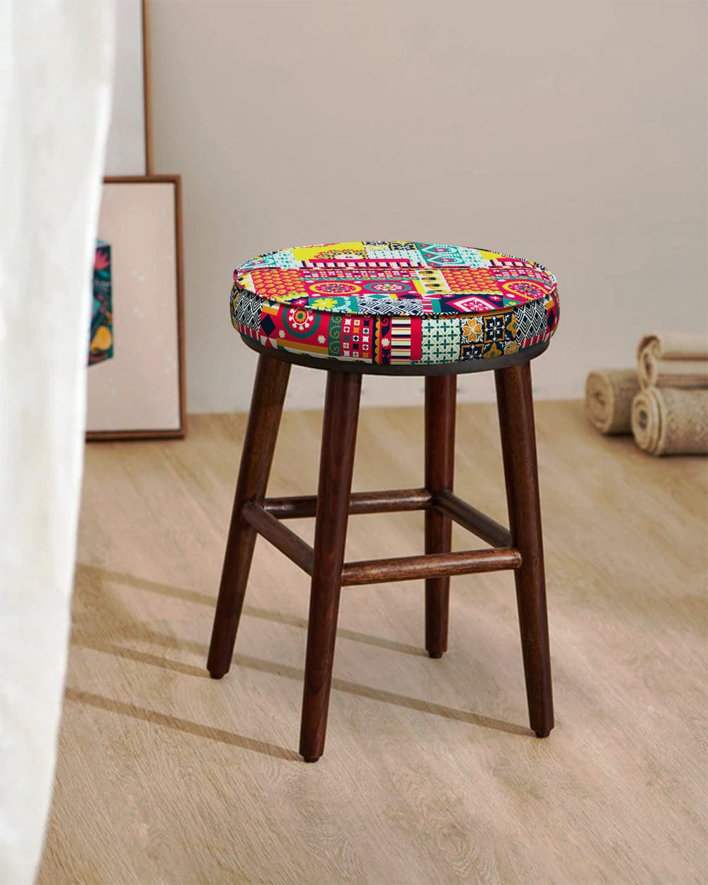 Chumbak English Cafe Stool - Floral Swirls Red