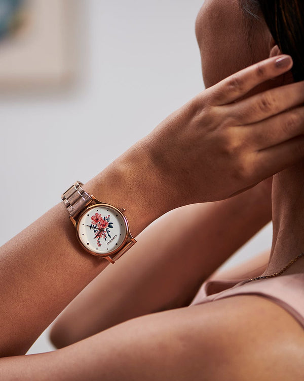 Chumbak TEAL by Chumbak Jungle Flowers Watch, Metal link Strap