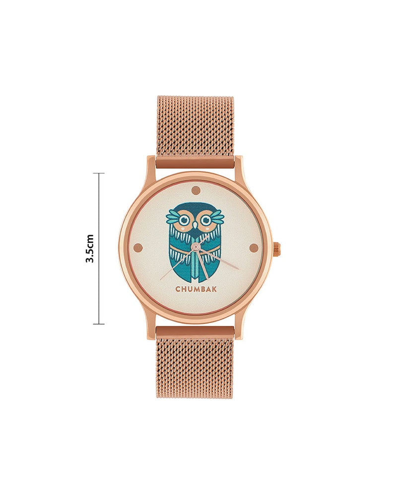 Chumbak TEAL by Chumbak Vintage Owl Watch, Metal Mesh Strap