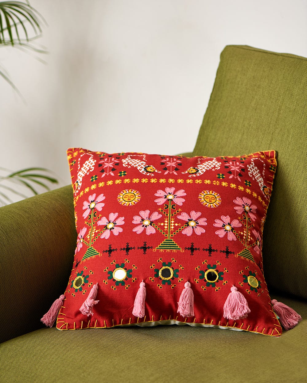 Chumbak Mela 16" Kasuti Cushion Cover | Red 