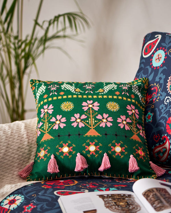 Chumbak Mela 16" Kasuti Cushion Cover | Green
