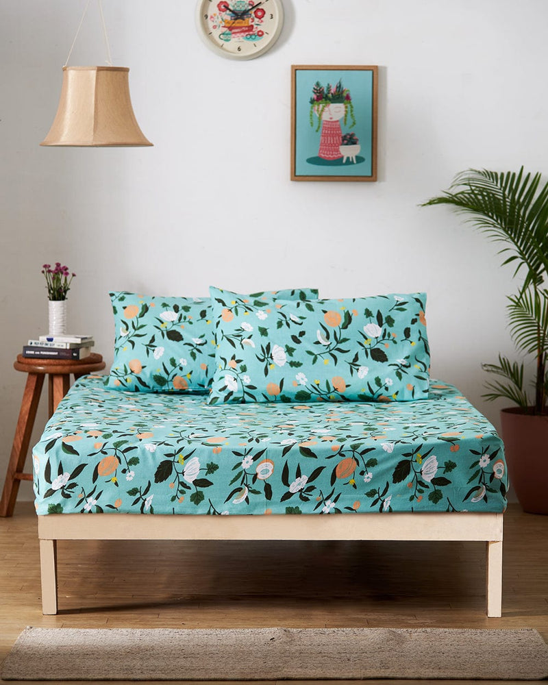 Chumbak TEAL by Chumbak Mexico Peachy Floral Bedsheet-Queen size, 136TC