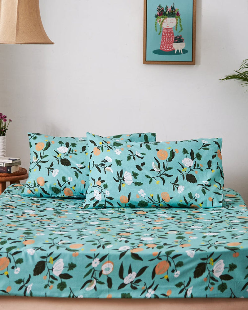 Chumbak TEAL by Chumbak Mexico Peachy Floral Bedsheet-Queen size, 136TC