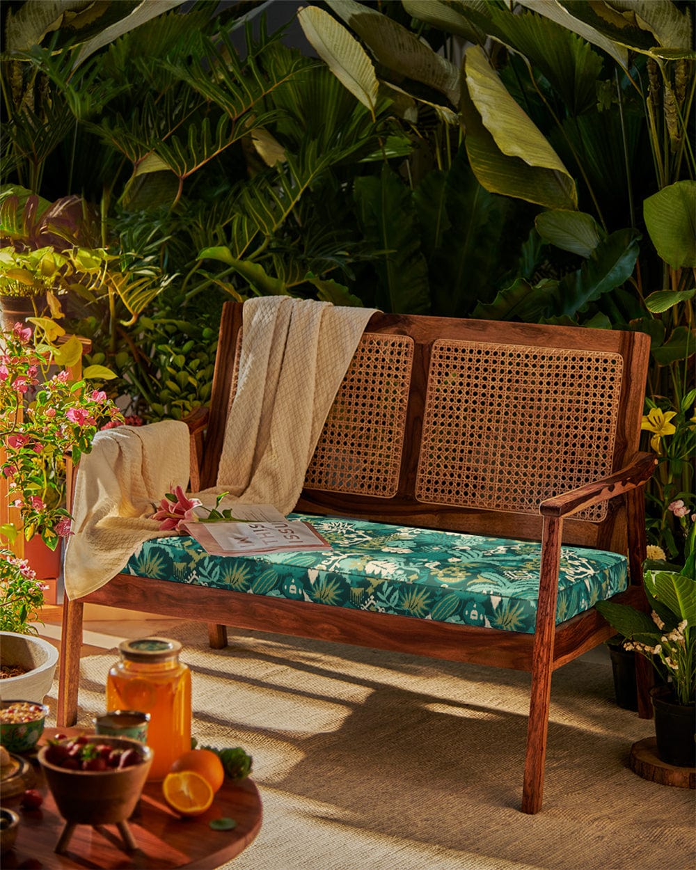 French Rattan French Rattan Love Seat Tropical Ikkat Green