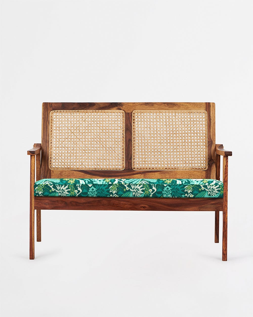 Chumbak French Rattan Love Seat Tropical Ikkat Green