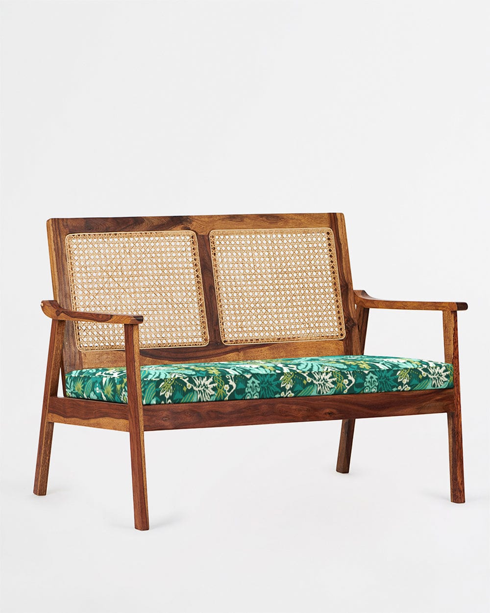 Chumbak French Rattan Love Seat Tropical Ikkat Green