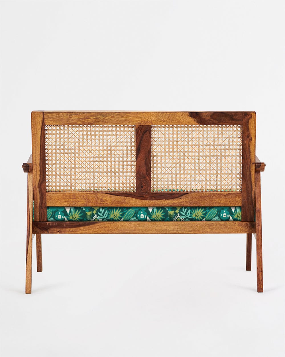 Chumbak French Rattan Love Seat Tropical Ikkat Green