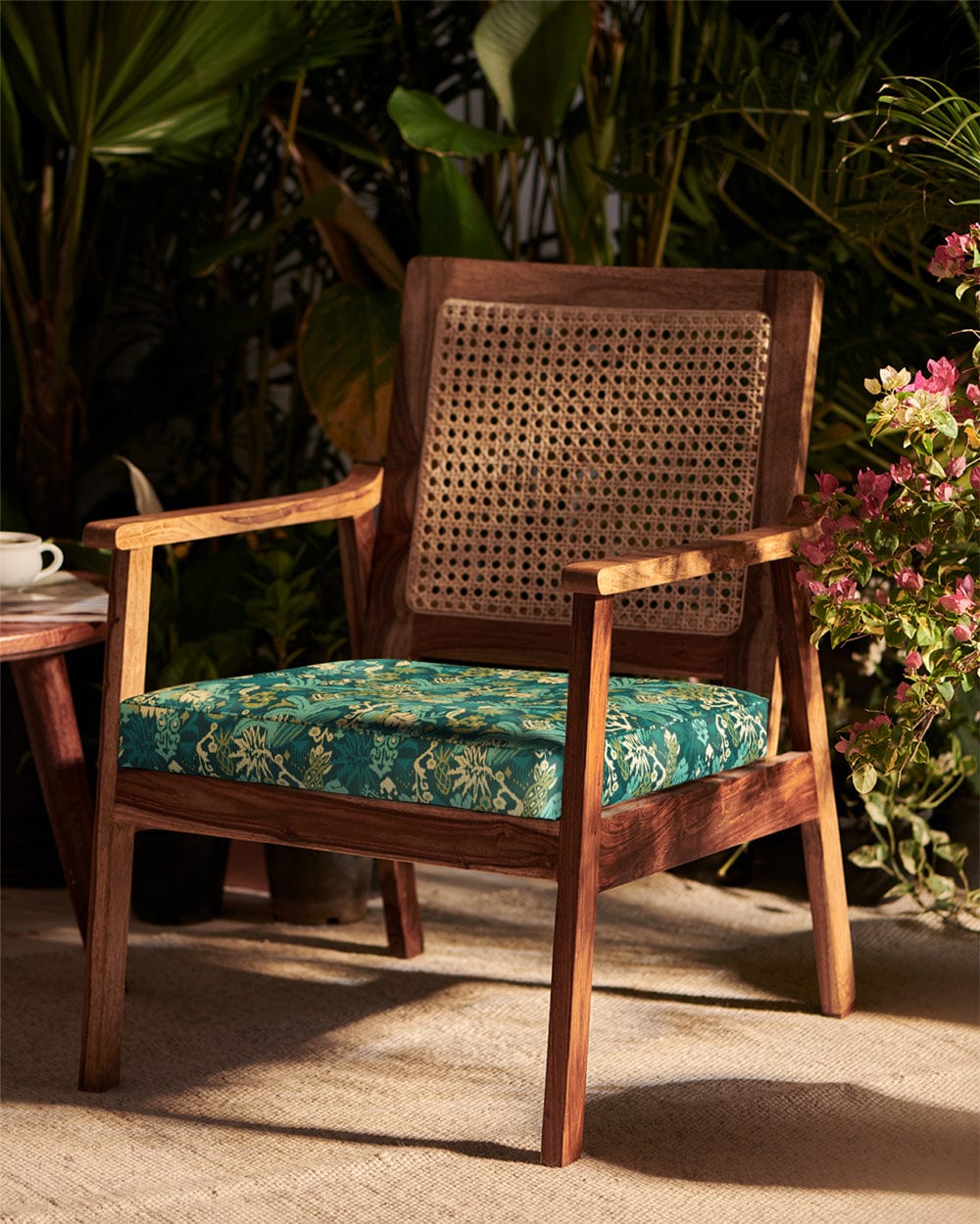 French Rattan Arm Chair Tropical Ikkat Green