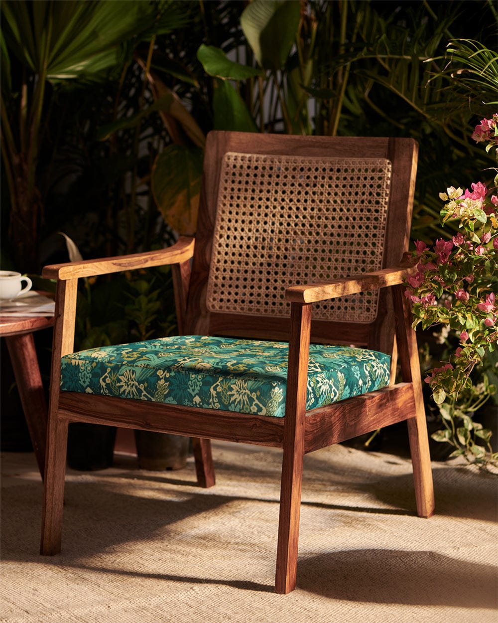 Chumbak French Rattan Arm Chair Tropical Ikkat Green