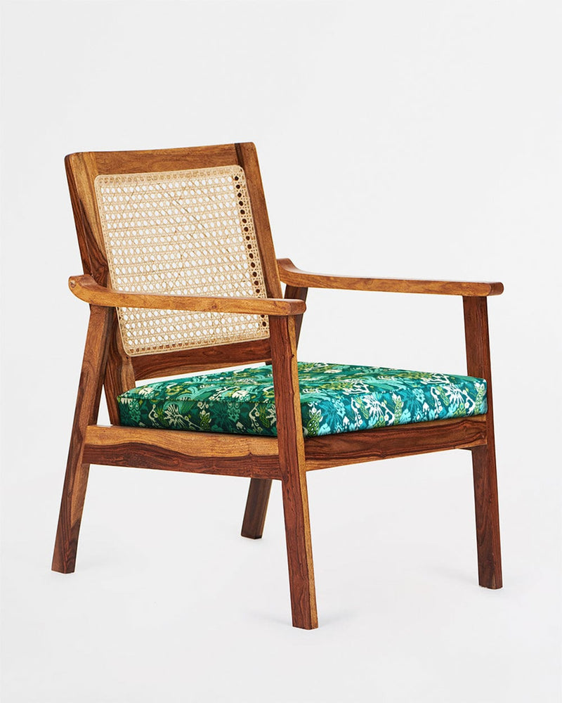 Chumbak French Rattan Arm Chair Tropical Ikkat Green